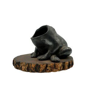 Vintage Cast Metal Frog Ashtray On Wood Base Rustic Robert Emig Style Decorative